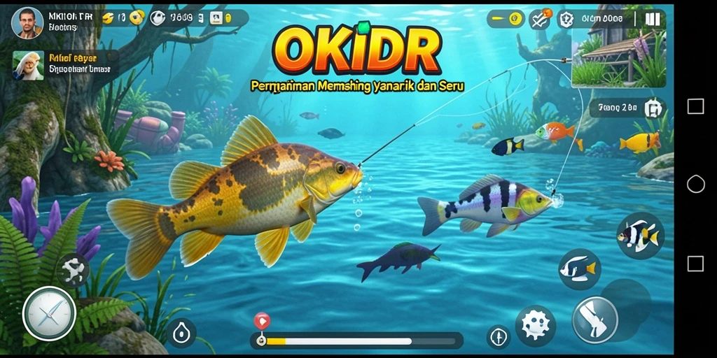 Screenshot utama OKIDR menampilkan aksi memancing yang seru dan mendebarkan.