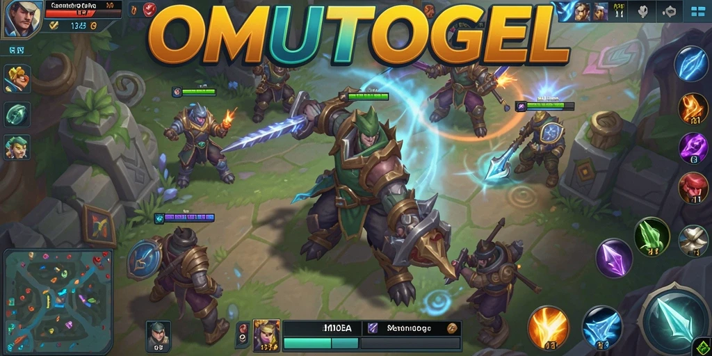 Tampilan gameplay intens dalam pertarungan MOBA OMUTOGEL.