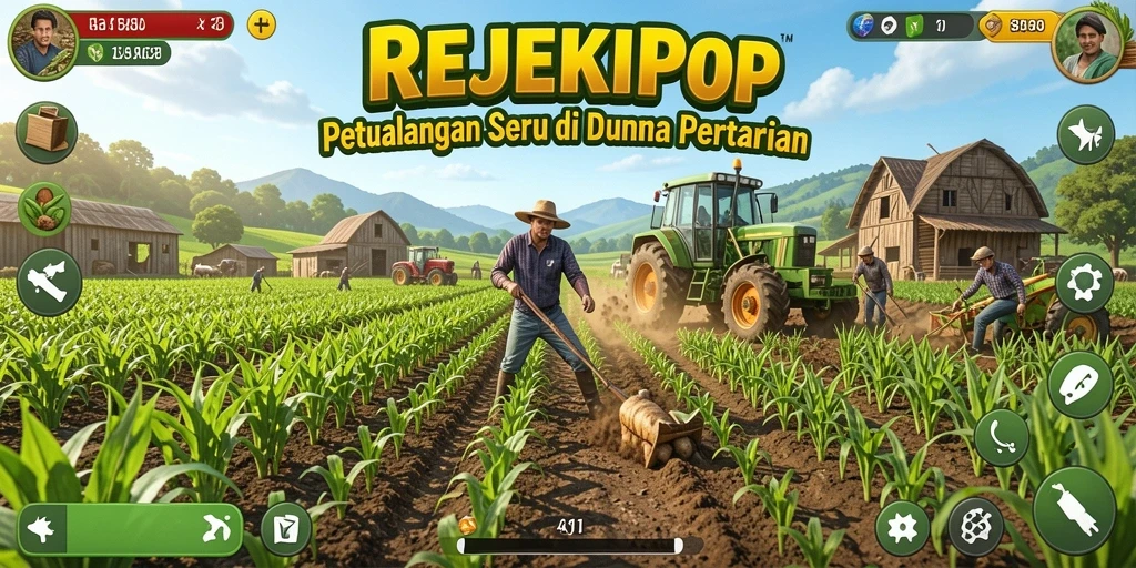 Tangkapan layar gameplay REJEKIPOP menunjukkan suasana pertanian yang cerah dan interaktif.